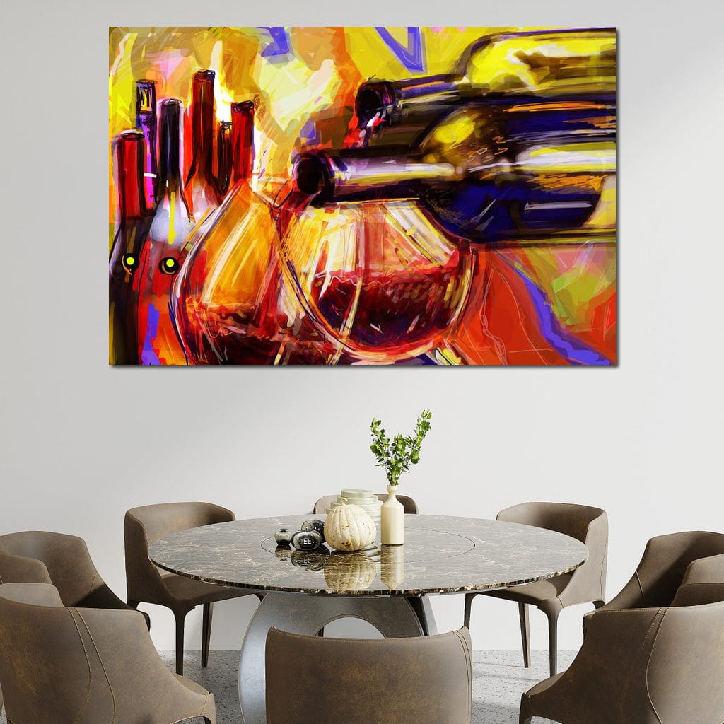 tablou canvas cu sticle de vin si pahare cu vin rosu, pictate multicolor in stil abstract 