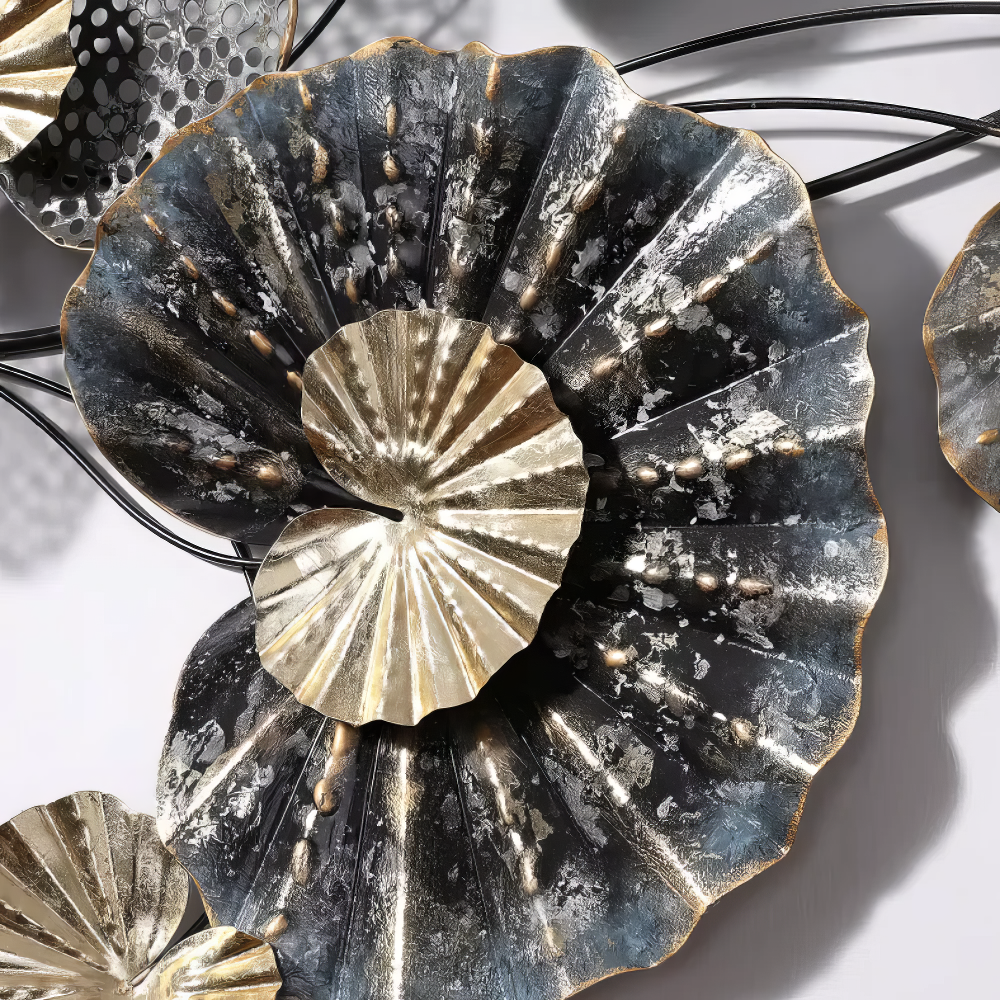 Decoratiune Metalica de Perete LuxCanva® Ocean Flowers A2412, din Metal, Albastru, Orizontala, Auriu, Argintiu, Dimensiune Mare 140 x 60 cm