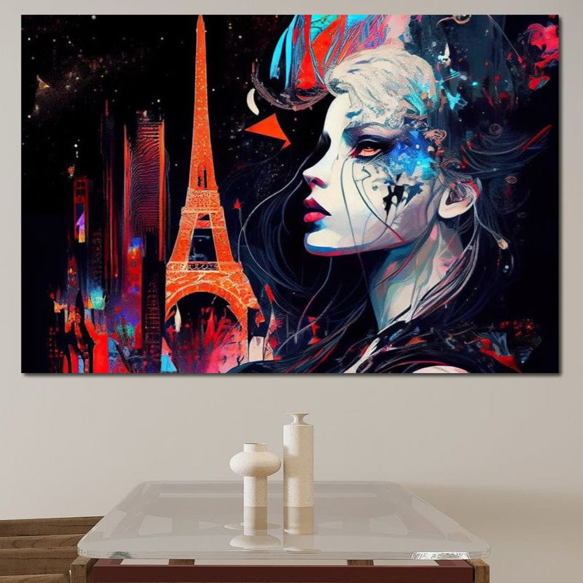 Tablou Canvas Premium, LuxCanva® O1055, Femeia Pariziana, Spirit, Paris, Eiffel, Rouge, Noapte, Femeie, Oras, Lumini, Franta, Arta, Etern, Urban, Romantic, Portret, Francez, Birou, Living, Dormitor
