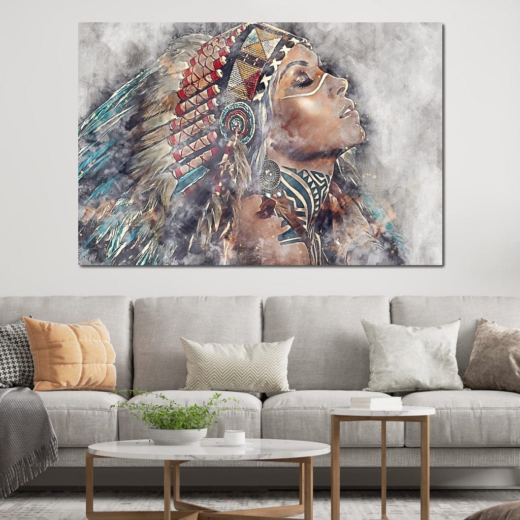 Tablou Canvas Premium LuxCanva® G1006, Suflet de Razboinica , Forta, Curaj, Tribal, Misticism, Pene, Salbatica, Femeie, Living, Dormitor, Culori vibrante