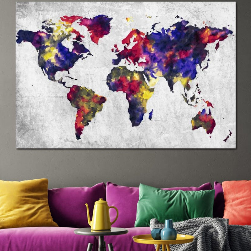 tablou canvas cu harta lumii in paleta de culori stil acuarela