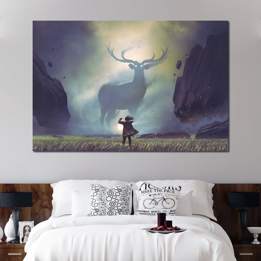 tablou canvas cu o silueta de copil in fata unui cerb urias, intr-un peisaj mistic cu stanci plutitoare