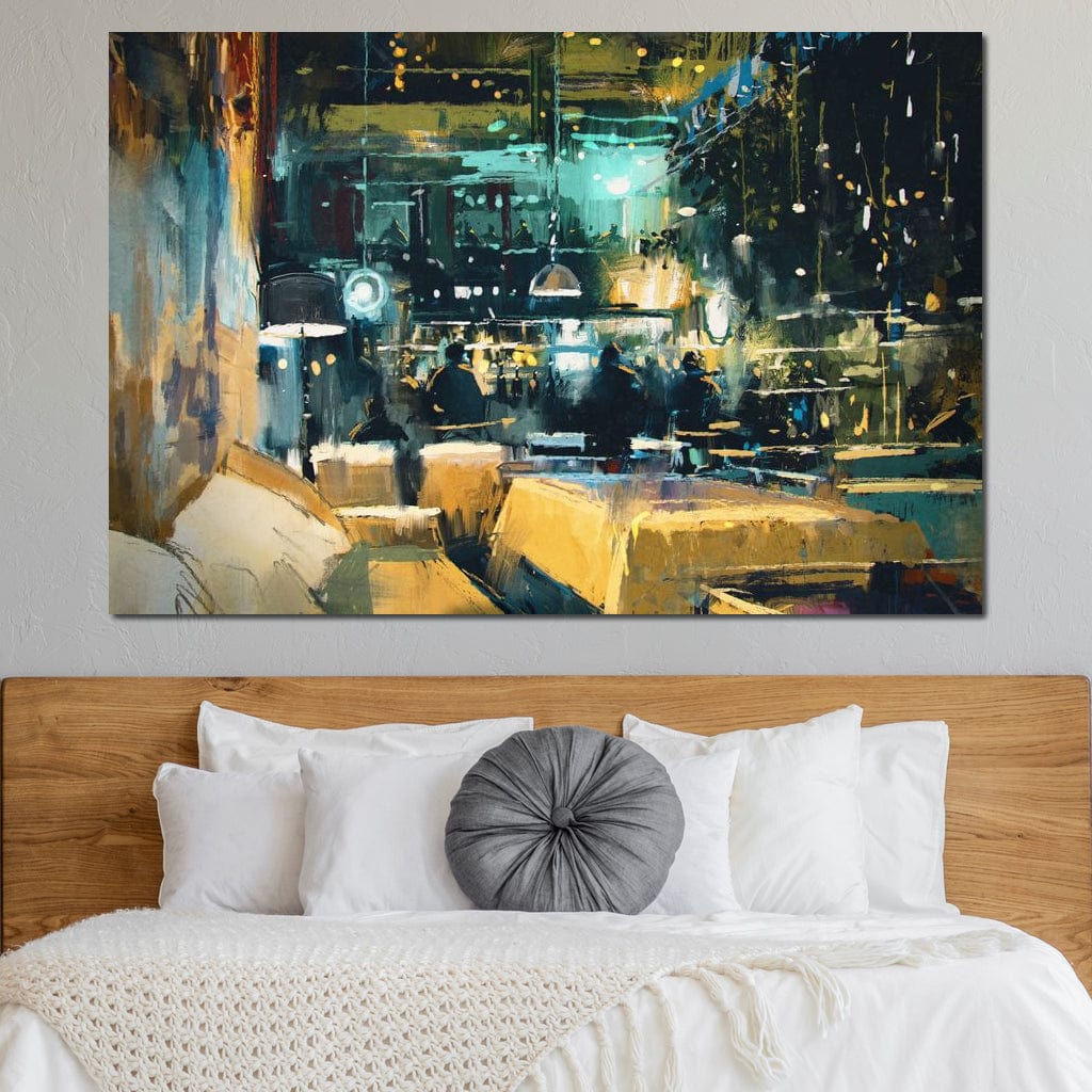 tablou canvas cu interiorul unui restaurant luminat spectaculos pe timp de noapte, pictat in nuante calde si reci