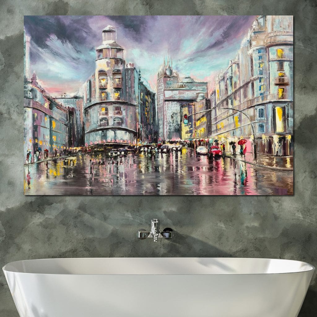 Tablou Canvas Premium, LuxCanva® O1009, Avenue in Lumina, Reflexii, Urban, Oras, Ploaie, Europa, Strada, Vibratie, Magie, Umbrela, Arhitectura, Citadin, Pictura, Vacanta, Birou, Living, Dormitor