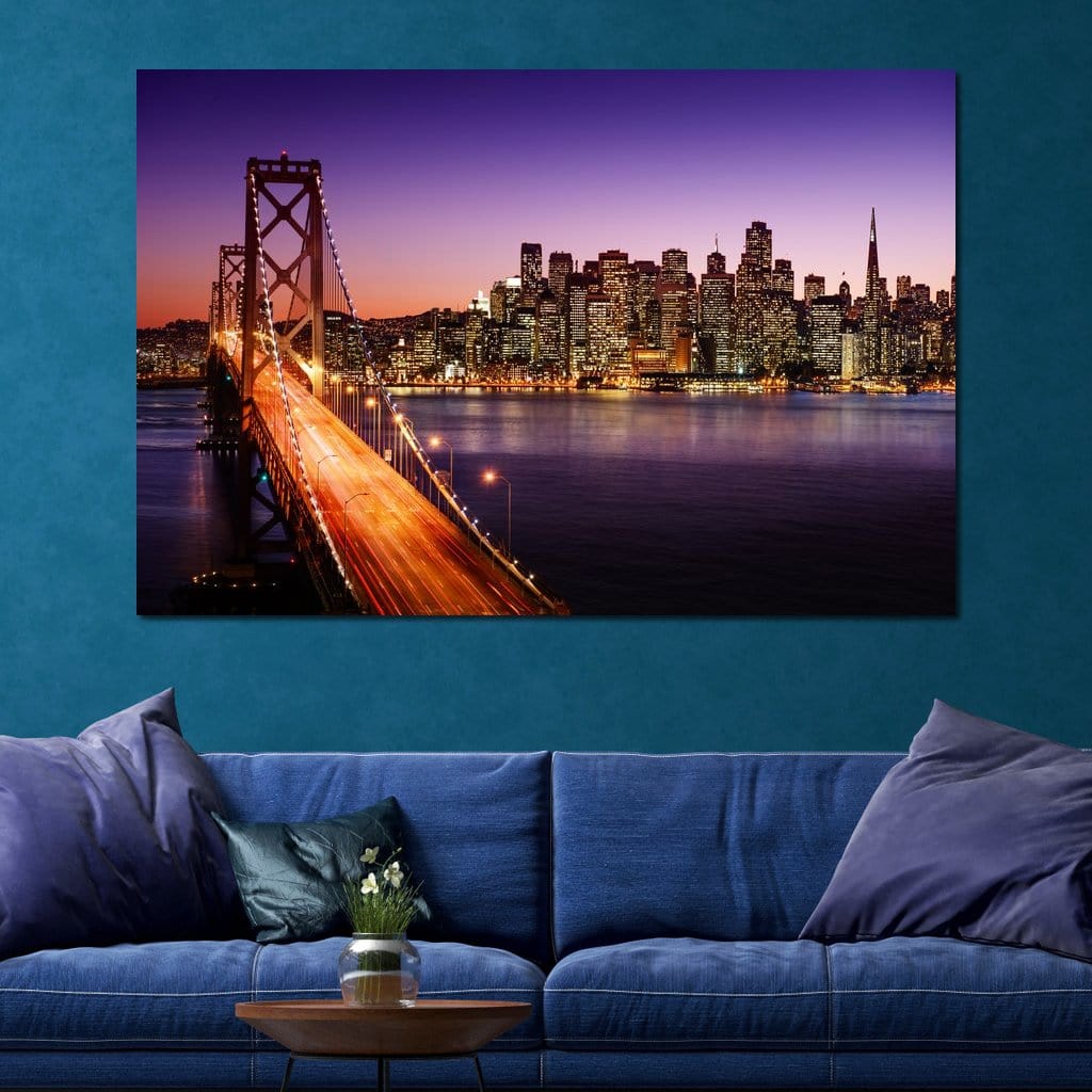 Tablou Canvas Premium, LuxCanva® O1002, San Francisco Skyline, Pod, Noapte, Oras, Lumini, Coasta, Vest, California, Vis, Urban, Apus, Violet, Iconic, Vacanta, Calatorie, Birou, Living, Dormitor