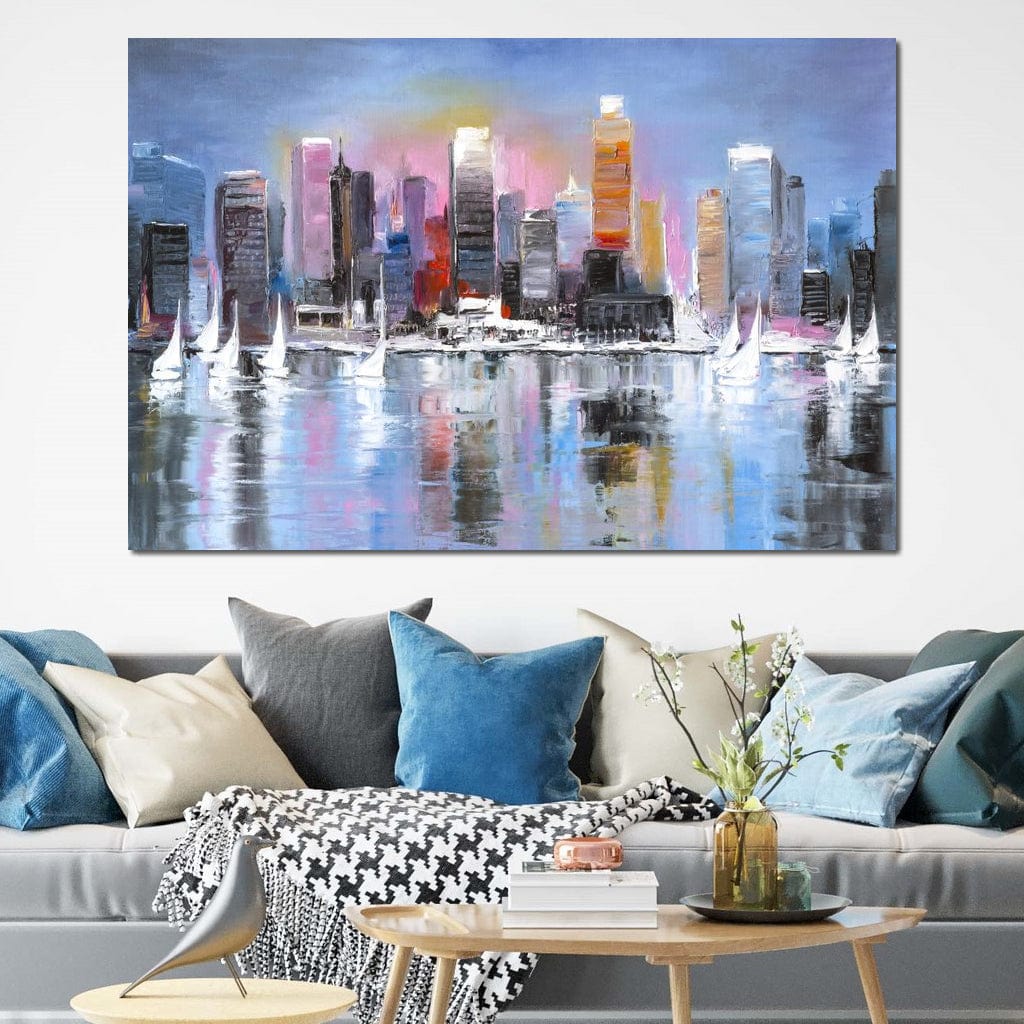 Tablou Canvas Premium, LuxCanva® O1024, Zborul Corabiilor, Pastelat, Senin, Liric, Fluid, Apus, Apa, Vele, Albastru, Roz, Inflacarat, Oglindire, Pictura, Tacere, Urban, Sticlos, Birou, Living, Dormitor