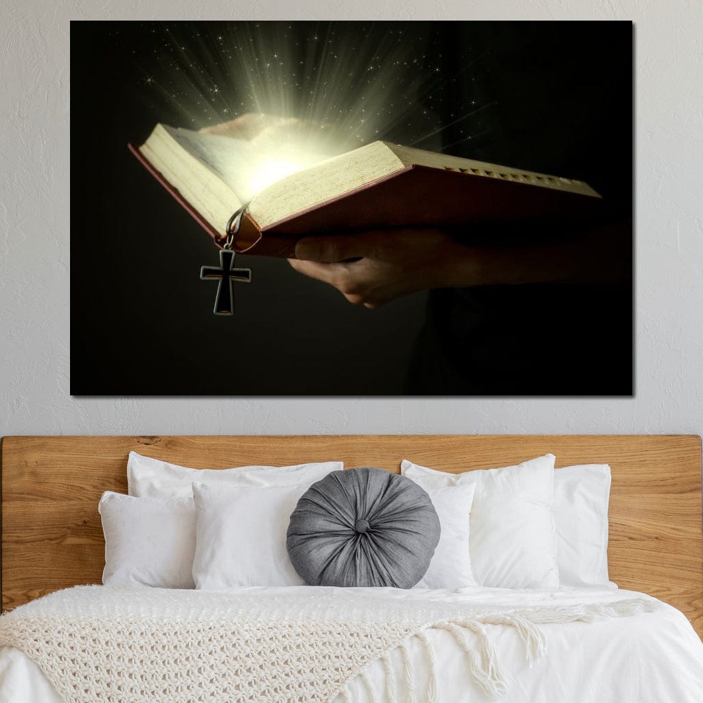 Tablou Canvas Premium LuxCanva® H1009, Biblia si Lumina Sfanta , Biblie, Lumina, Cruce, Adevar, Sacru, Salvare, Suflet, Divin, Living, Dormitor