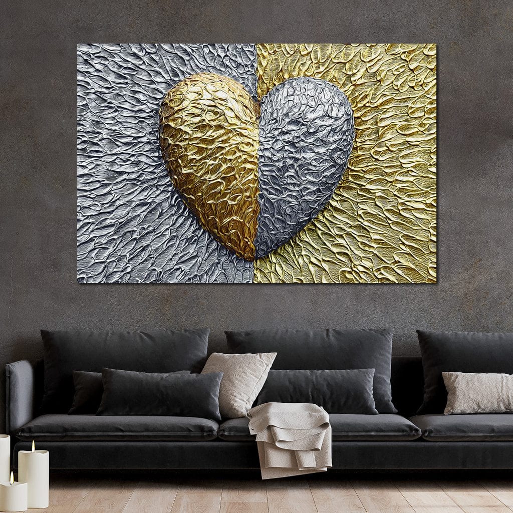 Tablou Canvas Premium LuxCanva® E1053, Inima Dualitatii, Aur, Argint, Stralucire, Textura, Simbolism, Living Room, Culori vibrante