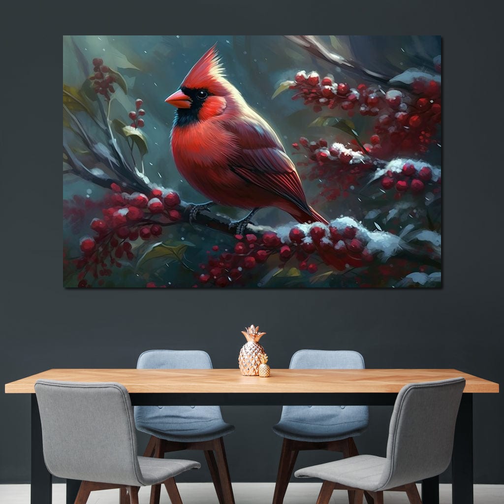 tablou canvas cu un cardinal rosu pe o ramura cu fructe de padure acoperite cu zapada