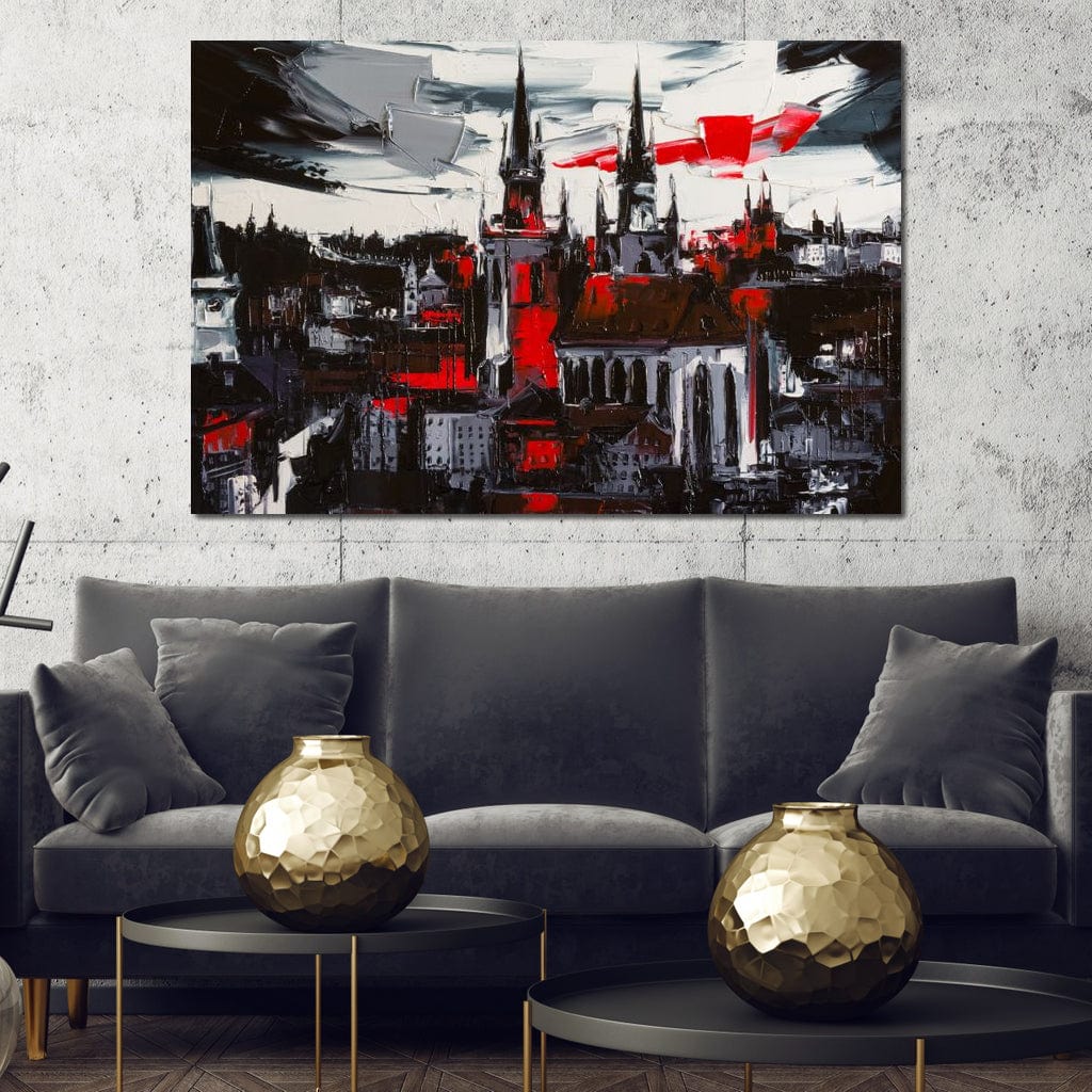 Tablou Canvas Premium, LuxCanva® O1013, Orasul Gotic, Medieval, Flacari, Negru, Rosu, Gri, Turle, Urban, Ziduri, Vechi, Umbre, Catedrala, Piatra, Contrast, Dramatic, Atmosfera, Birou, Living, Dormitor