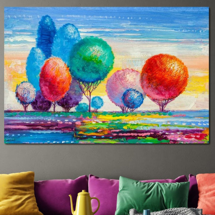 Tablou Canvas Premium, LuxCanva® K1018, Peisaj de Basm, Curcubeu, Padure, Copaci, Rotunzi, Balon, Natura, Explozie, Culoare, Taram, Simfonie, Imaginar, Ludic, Camera Copii