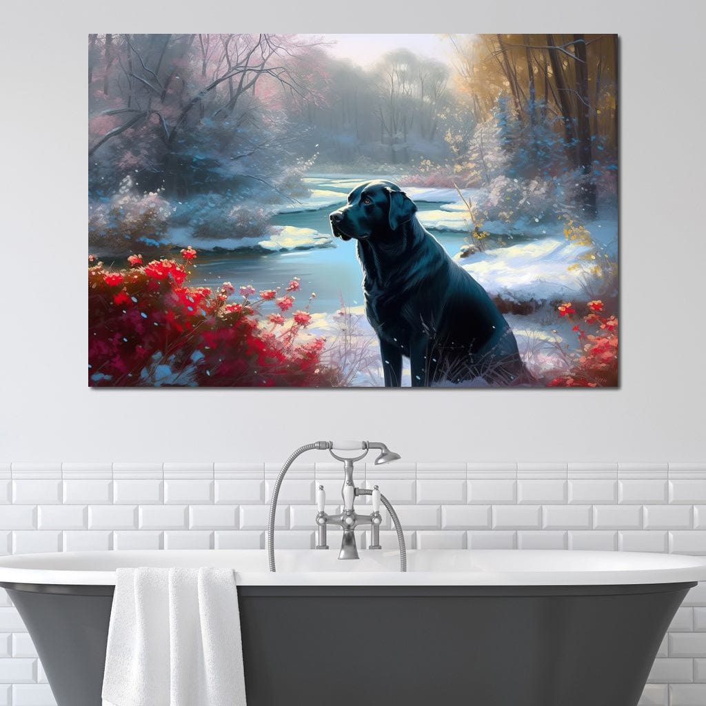 tablou canvas cu un labrador negru intr-un peisaj de iarna feeric si luminat, cu accente florale rosii langa un lac inghetat