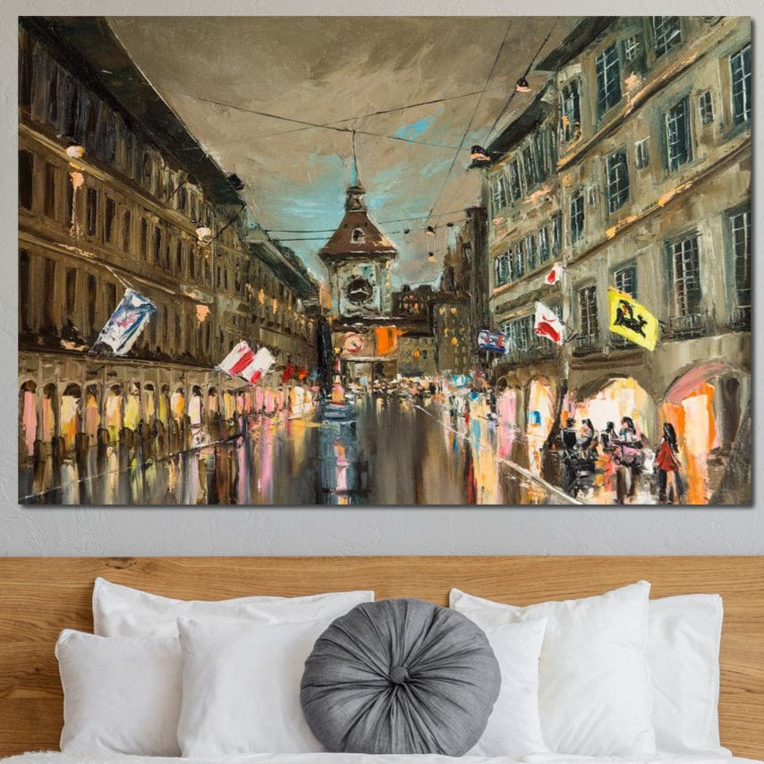 Tablou Canvas Premium, LuxCanva® O1022, Un Ceas in Zare, Istoric, Romantic, Nostalgie, Clasic, Melancolic, Noapte, European, Atmosferic, Ceas, Oras, Vechi, Ploaie, Piata, Turn, Birou, Living,