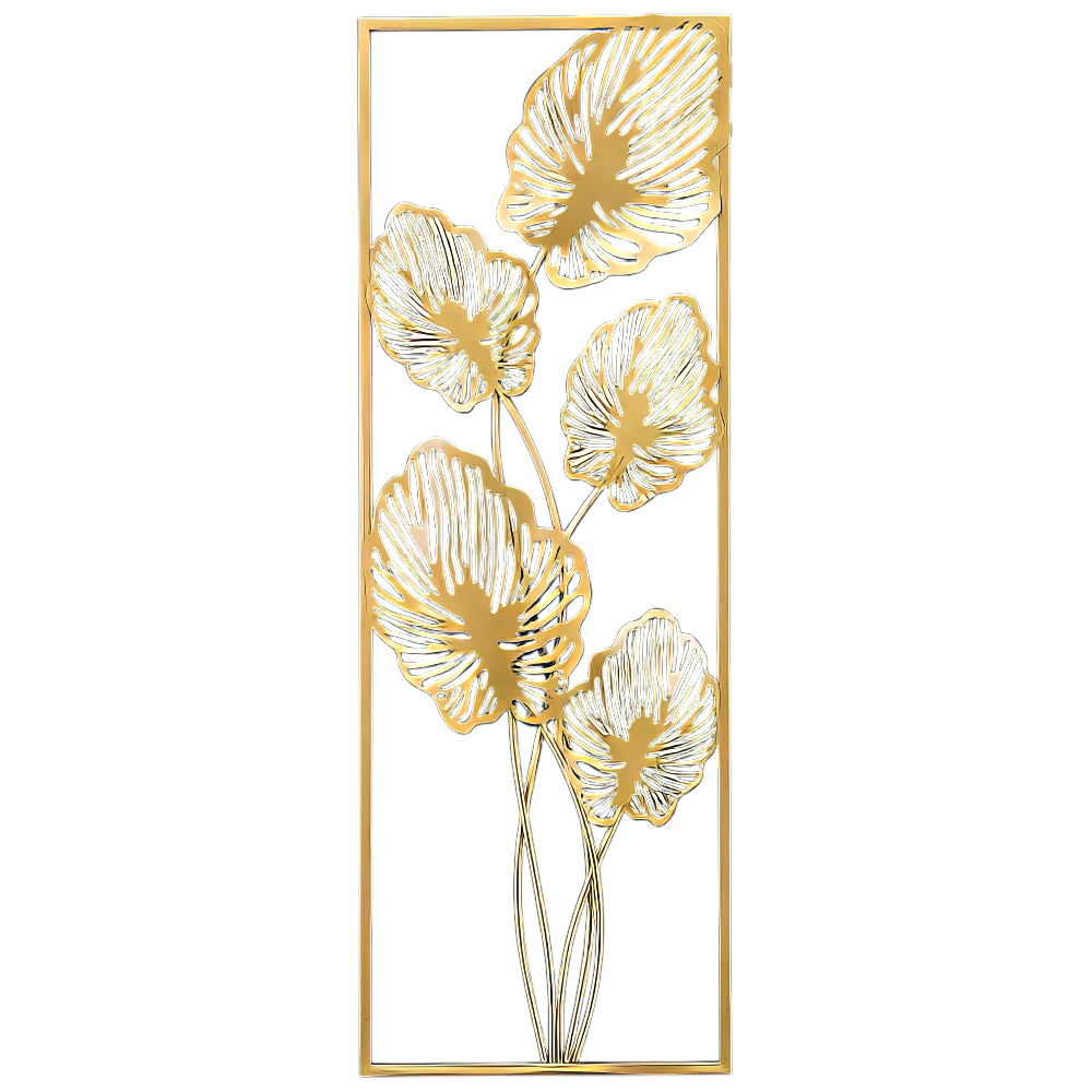 Decoratiune Metalica de Perete LuxCanva® Golden Leafs Contour A2923L, din Metal, Verticala, Auriu, Dimensiune Mare 30 × 85 × 3.5 cm