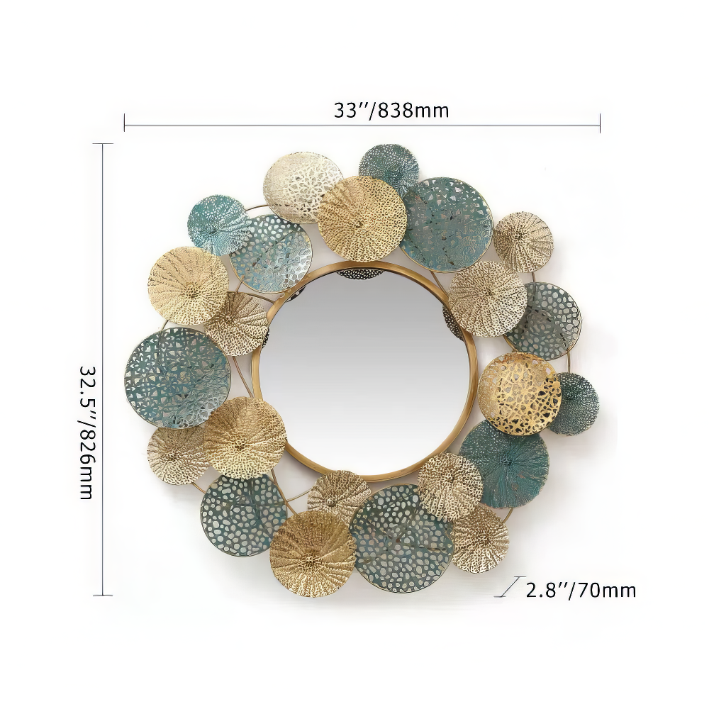 Decoratiune Metalica de Perete LuxCanva® OpalCircles A0921, din Metal, Rotunda, Auriu, Verde, Dimensiune Mare 84 × 73 x 3 cm