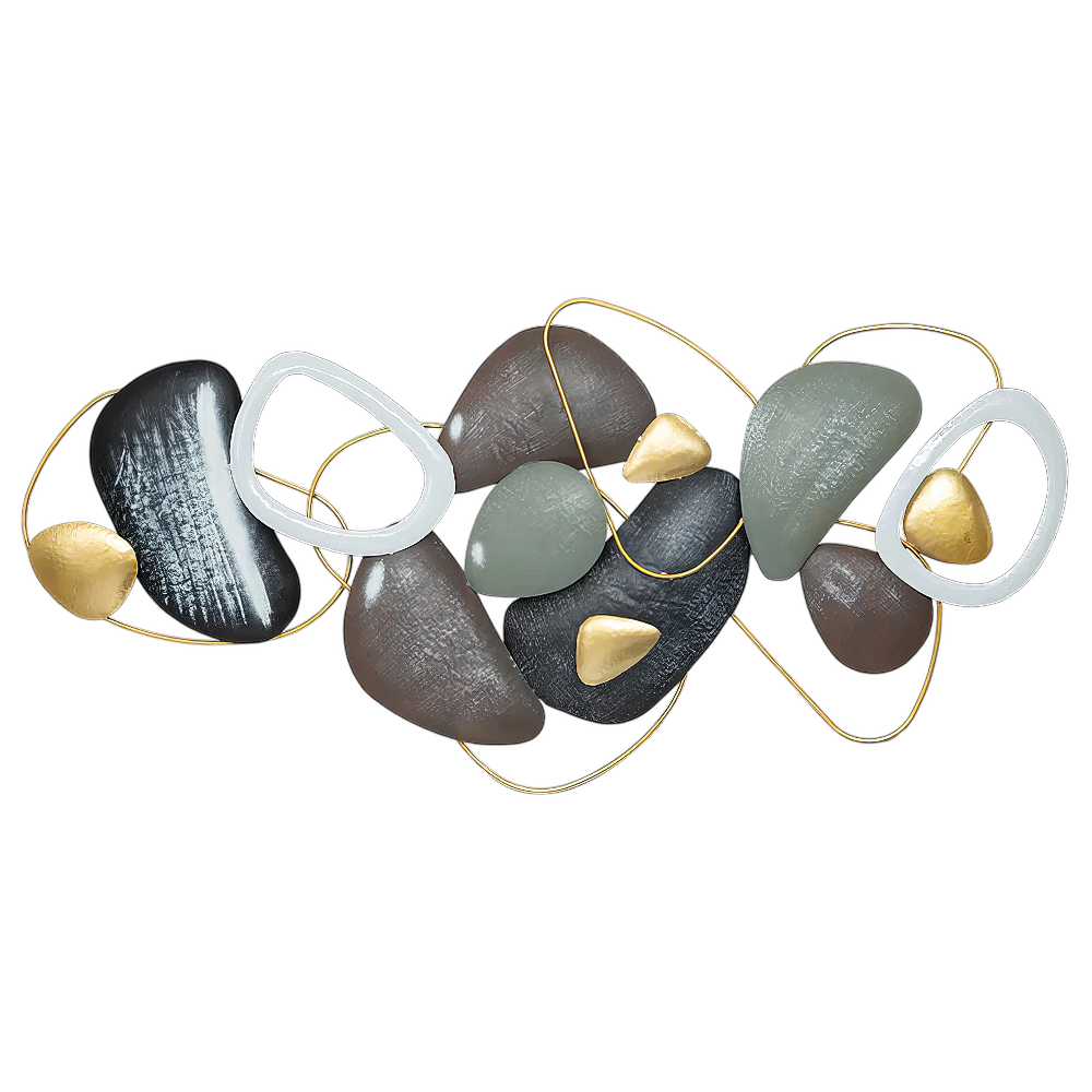 Decoratiune Metalica de Perete LuxCanva® Stone Harmony A2028, din Metal, Orizontal, Negru, Gri, Alb, Auriu, Dimensiune Mare 135 x 64 cm