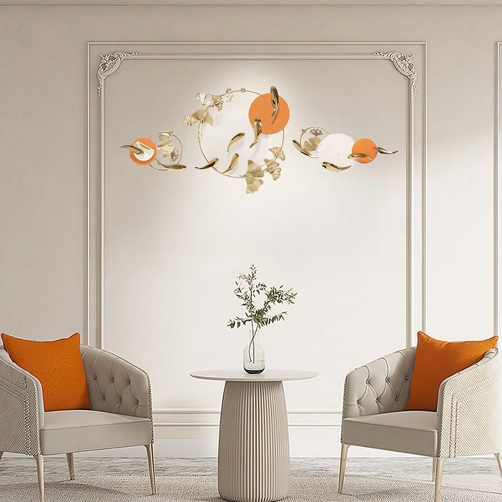 Decoratiune Metalica de Perete LuxCanva® Sun Aura A2556, din Metal, Orizontala, Alb, Auriu si Portocaliu, Dimensiune Mare 200 x 65 cm