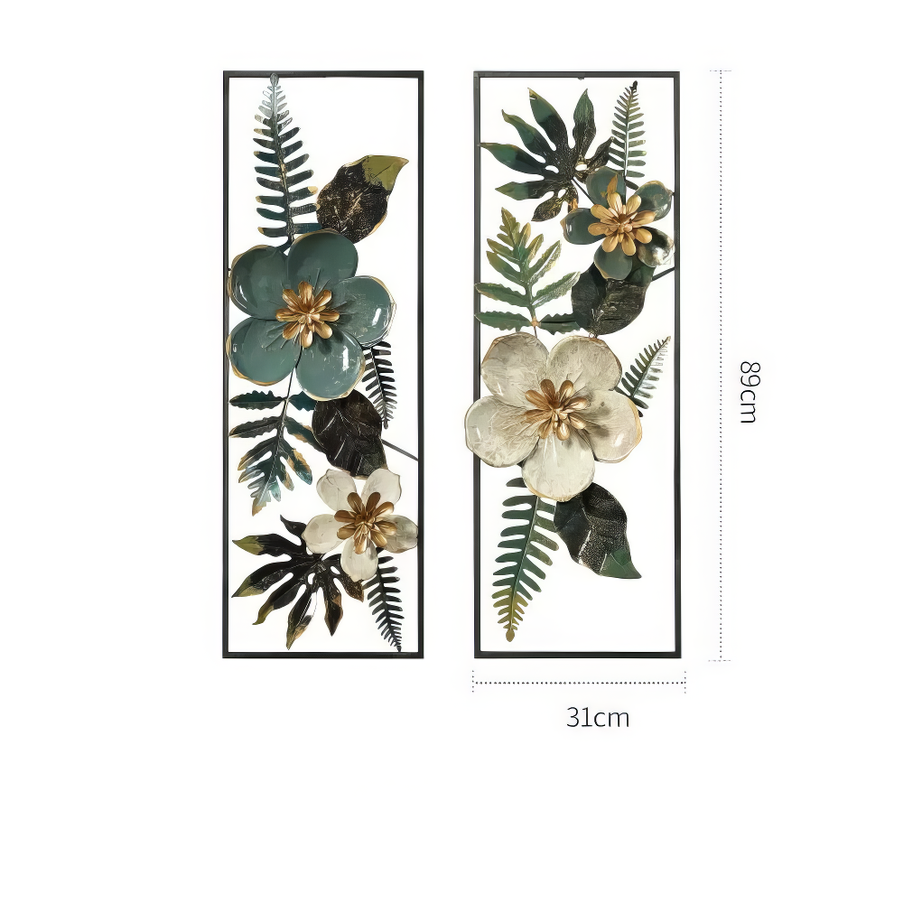 Set 2 Decoratiuni Metalice de Perete LuxCanva® Elisian Garden A2095, din Metal, Verticale, Verde, Alb, Auriu, Dimensiune Mare 31 × 89 cm