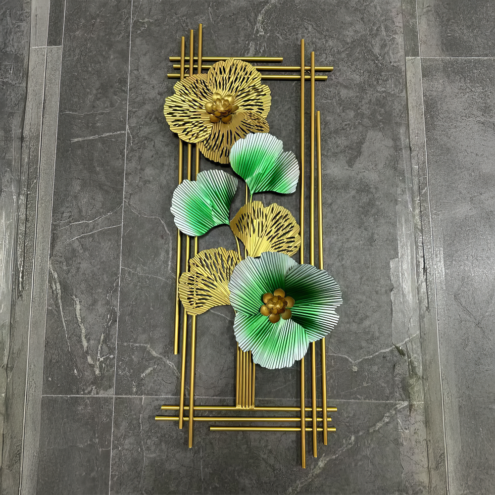 Decoratiune Metalica de Perete LuxCanva® Emerald Bloom A2001, din Metal, Verticala, Auriu, Verde, Dimensiune Mare 85 × 31 cm