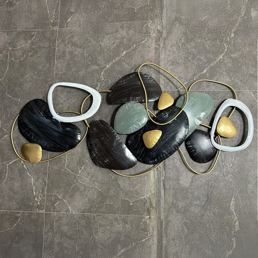 Decoratiune Metalica de Perete LuxCanva® Stone Harmony A2028, din Metal, Orizontal, Negru, Gri, Alb, Auriu, Dimensiune Mare 135 x 64 cm