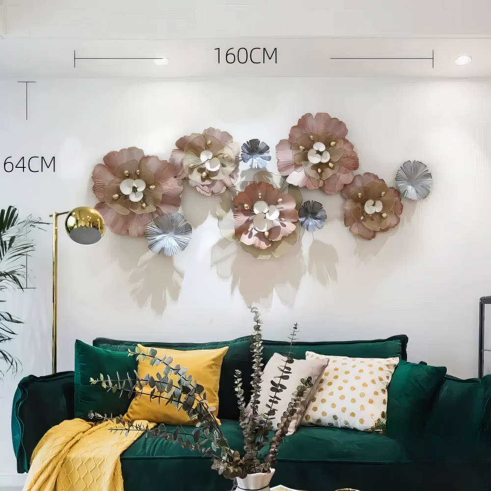 Decoratiune Metalica de Perete LuxCanva® CrystalBloom A2025M Roz, din Metal, Orizontala, Roz, Auriu, Gri, Dimensiune Mare 160 x 64 cm