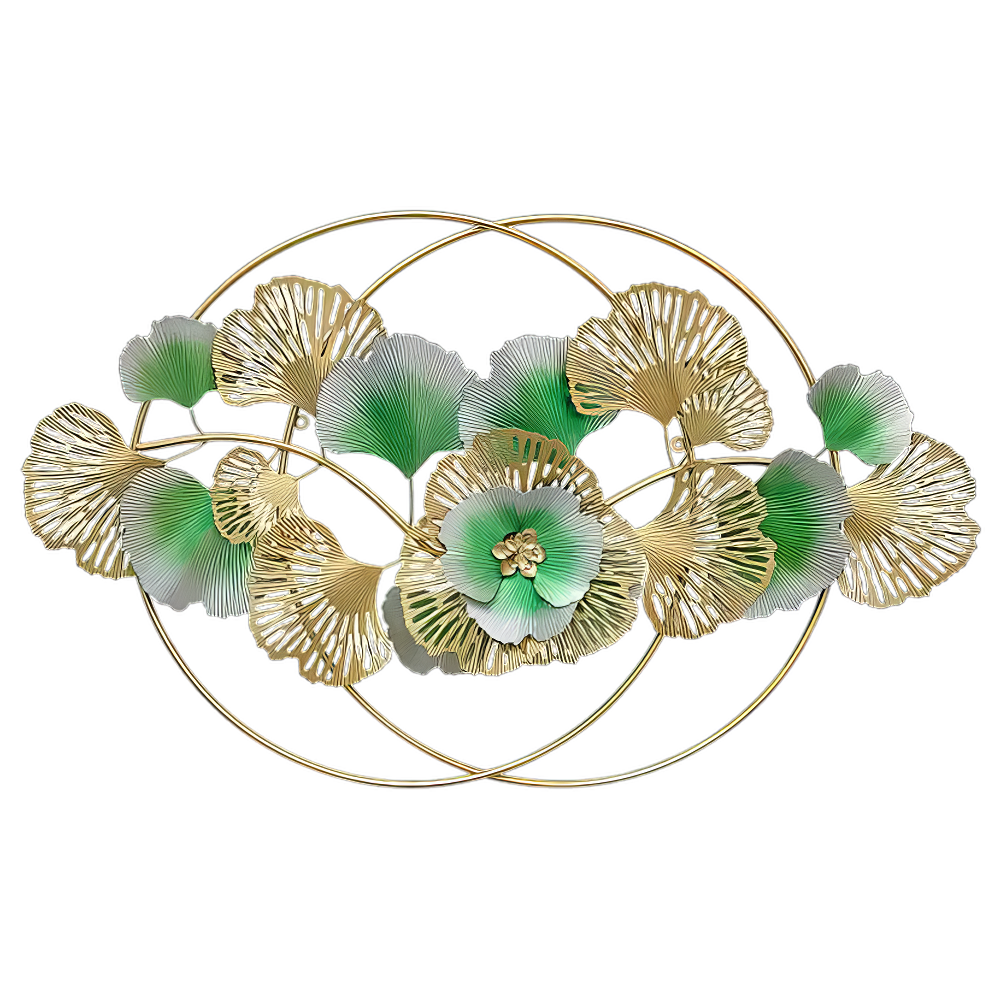 Decoratiune Metalica de Perete LuxCanva® Golden Bloom A0821, din Metal, Orizontala, Auriu, Verde, Gri, Dimensiune Mare 120 x 75 cm