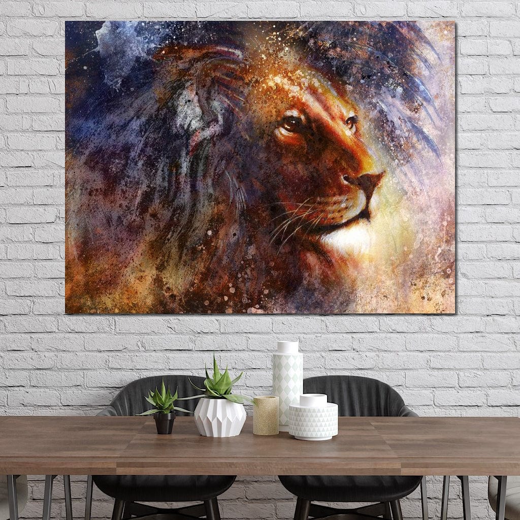 tablou canvas cu un cap de leu pictat in nuante calde si reci, in stil abstract