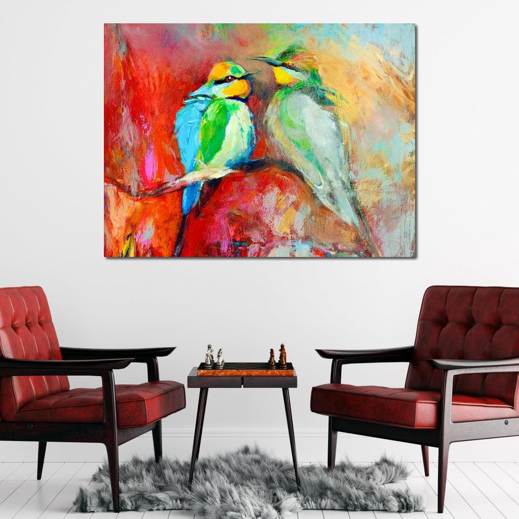 tablou canvas cu doua pasari colorate pe o creanga pe fundal stil pictura in acuarela