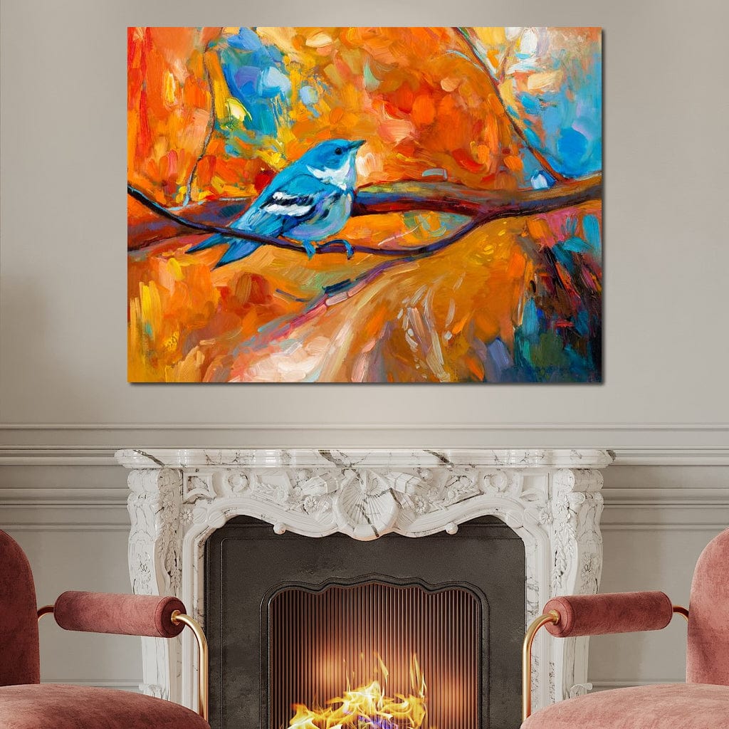 tablou canvas cu o pasare albastra pe creanga, in peisaj de toamna colorat