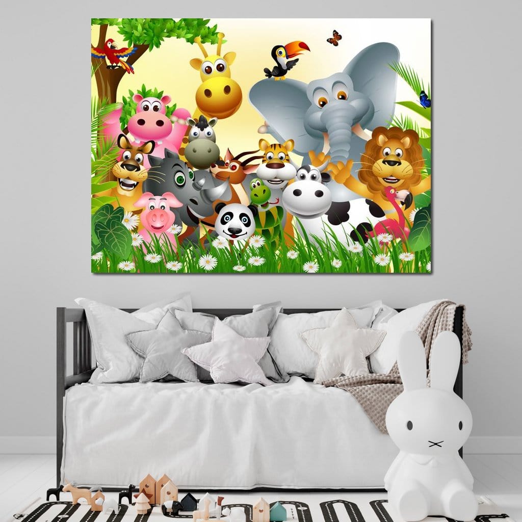 Tablou Canvas Premium, LuxCanva® K1022, Prietenii Veseli din Jungla, Animale, Desene Animate, Jungla, Colorat, Veselie, Gradinita, Educativ, Natura, Cresa, Girafa, Leu, Camera Copii