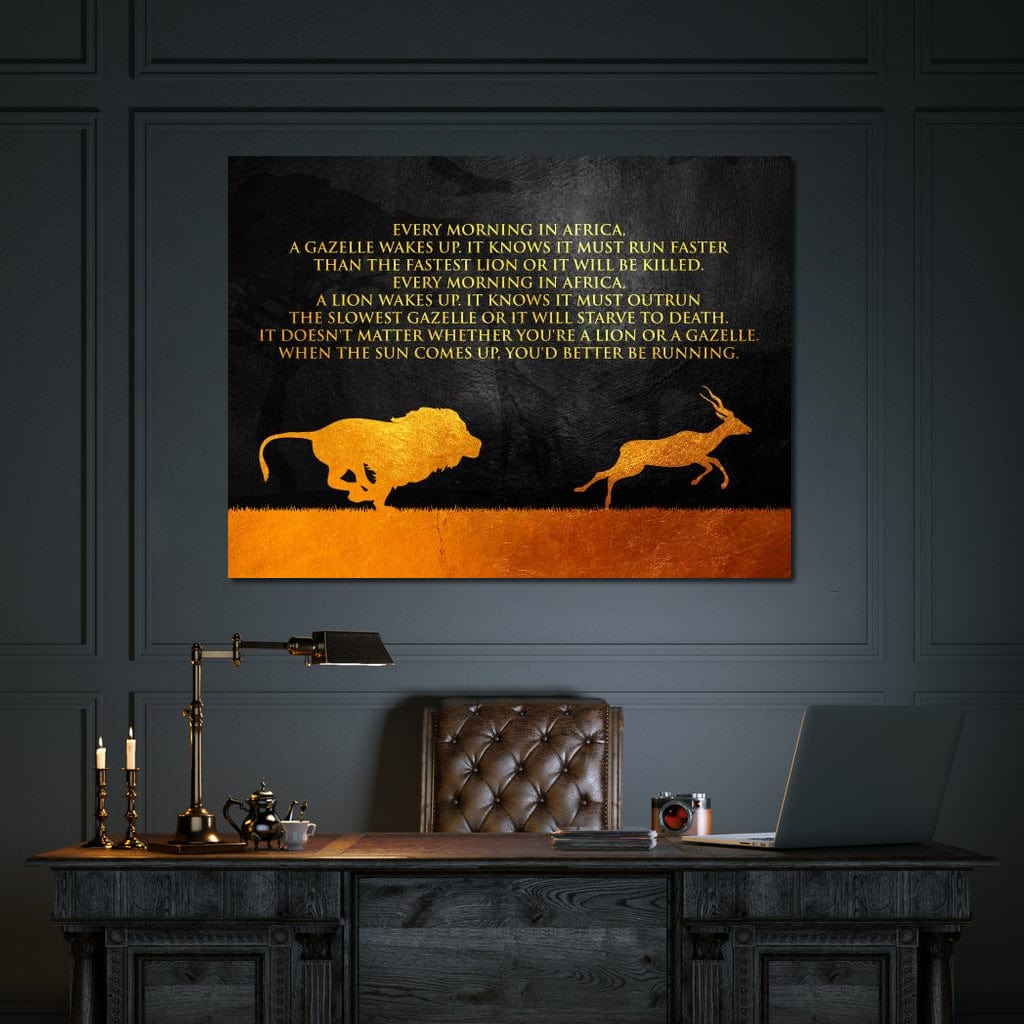 Tablou Canvas Premium LuxCanva® F1009, Instinctul Supravietuirii , Competitie, Viteza, Rezistenta, Lupta, Leu, Gazela, Living, Birou, Culori vibrante