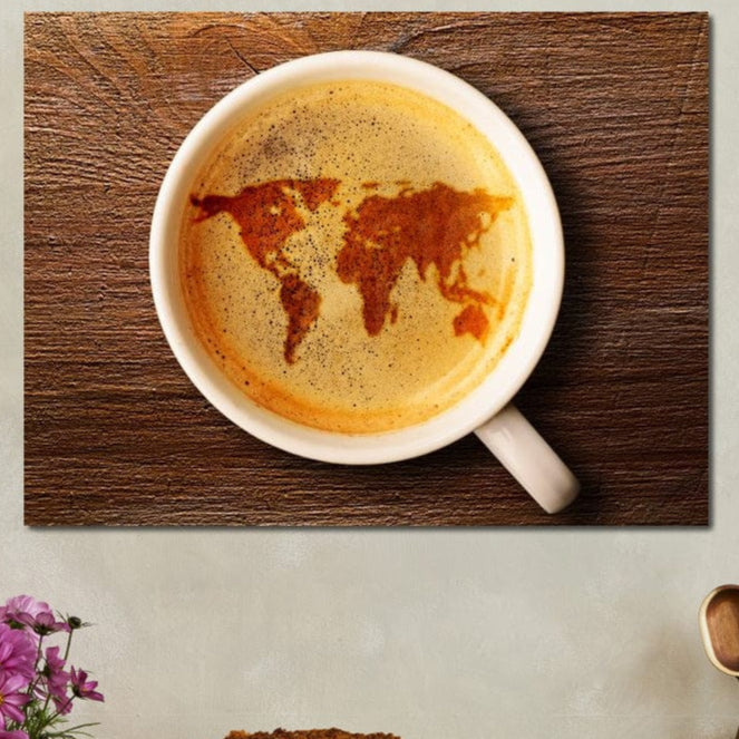 tablou canvas cu harta lumii intr-o ceasca de cafea