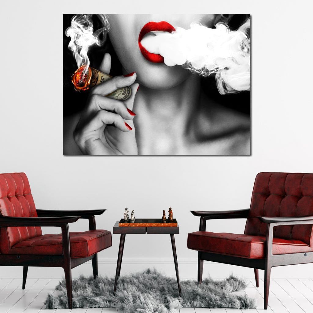 Tablou Canvas Premium LuxCanva® G1028, Bani, Fum si Dorinta ,  Bani, Extravagant, Fum, Buze, Tigara, Interzis, Seductie, Rosii, Living, Dormitor