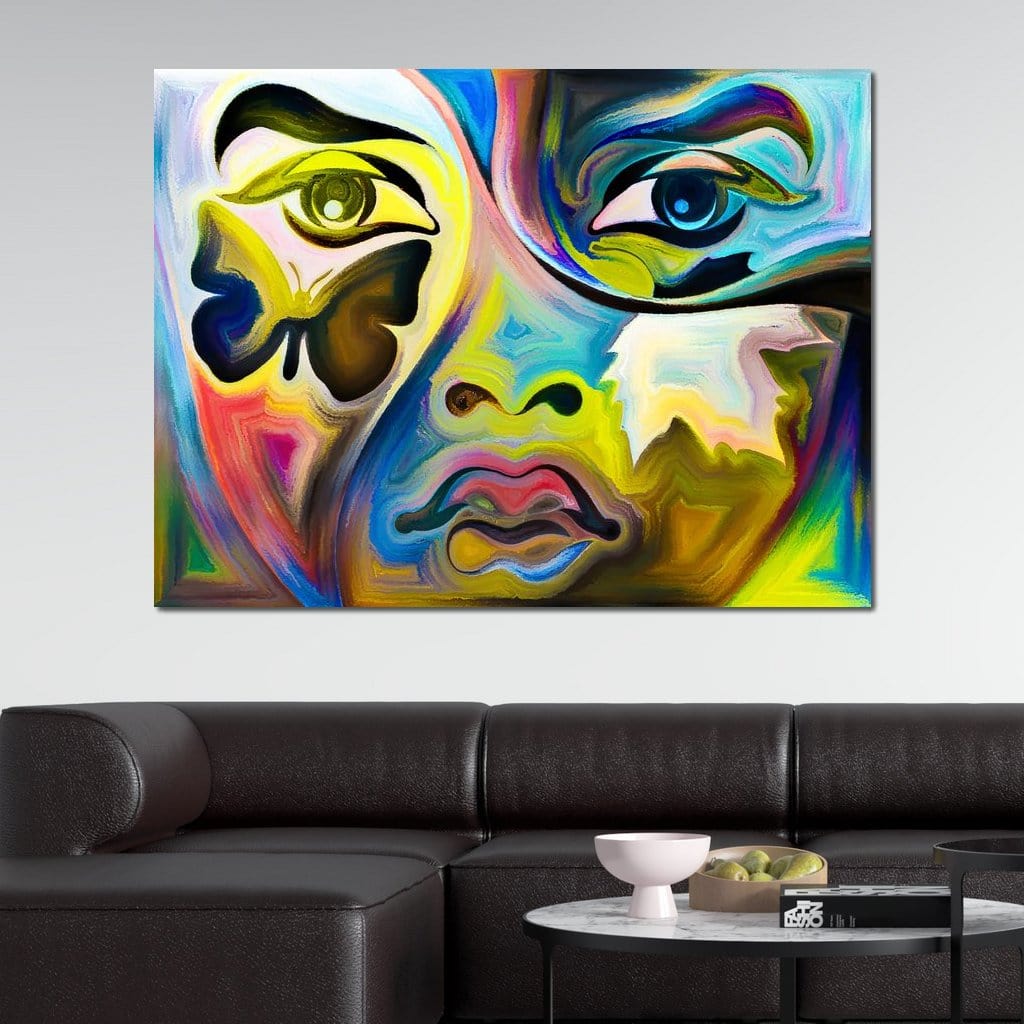 tablou canvas cu un portret reprezentand un chip de copil si un fluture integrat armonios in conturul fetei, redat in stil abstract si multicolor