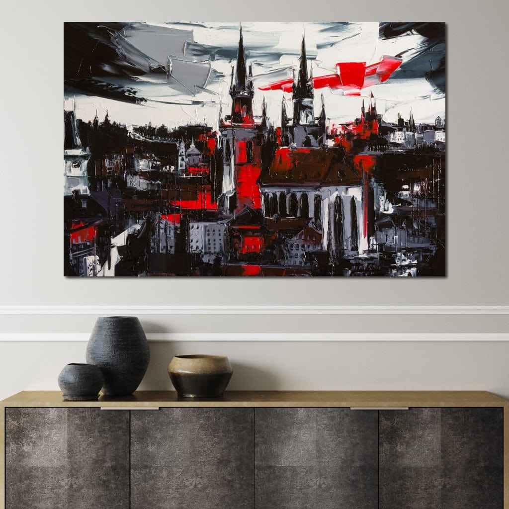 Tablou Canvas Premium, LuxCanva® O1013, Orasul Gotic, Medieval, Flacari, Negru, Rosu, Gri, Turle, Urban, Ziduri, Vechi, Umbre, Catedrala, Piatra, Contrast, Dramatic, Atmosfera, Birou, Living, Dormitor