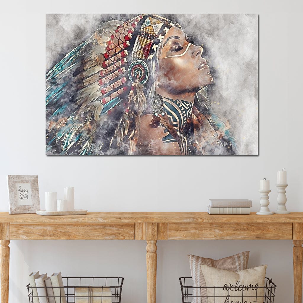 Tablou Canvas Premium LuxCanva® G1006, Suflet de Razboinica , Forta, Curaj, Tribal, Misticism, Pene, Salbatica, Femeie, Living, Dormitor, Culori vibrante