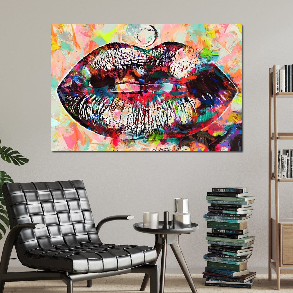 Tablou Canvas Premium LuxCanva® E1028, Sarut Pop Art, Buze, Glamour, Neon, Cromatic, Senzualitate, Living Room, Culori vibrante