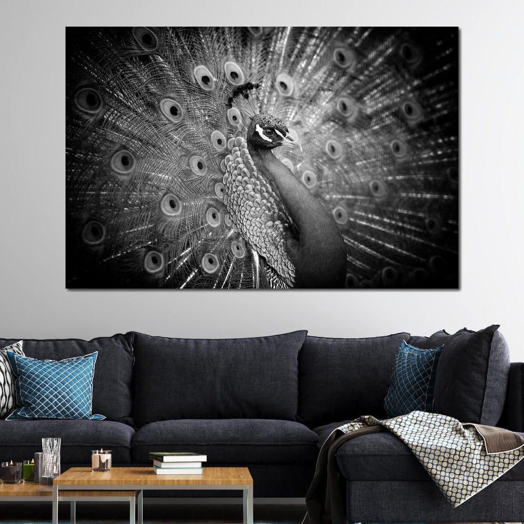 tablou canvas cu un paun cu penajul expus in nuante de alb si negru, pe fundal intunecat