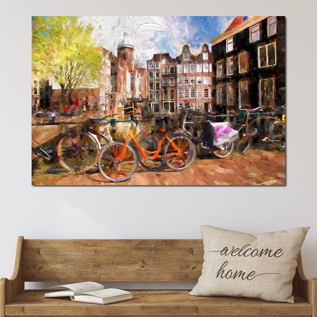 Tablou Canvas Premium, LuxCanva® O1012, Boemul Amsterdam, Bicicleta, Simfonie, Culori, Olandez, Canal, Mal, Roti, Farmec, Olanda, Traditie, Turist, Citadin, City, Break, Birou, Living, Dormitor