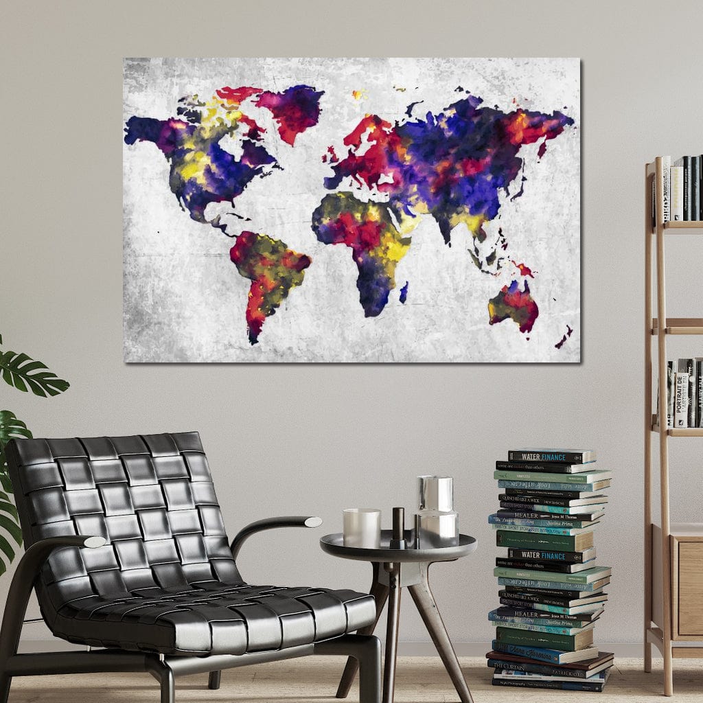 tablou canvas cu harta lumii in paleta de culori stil acuarela
