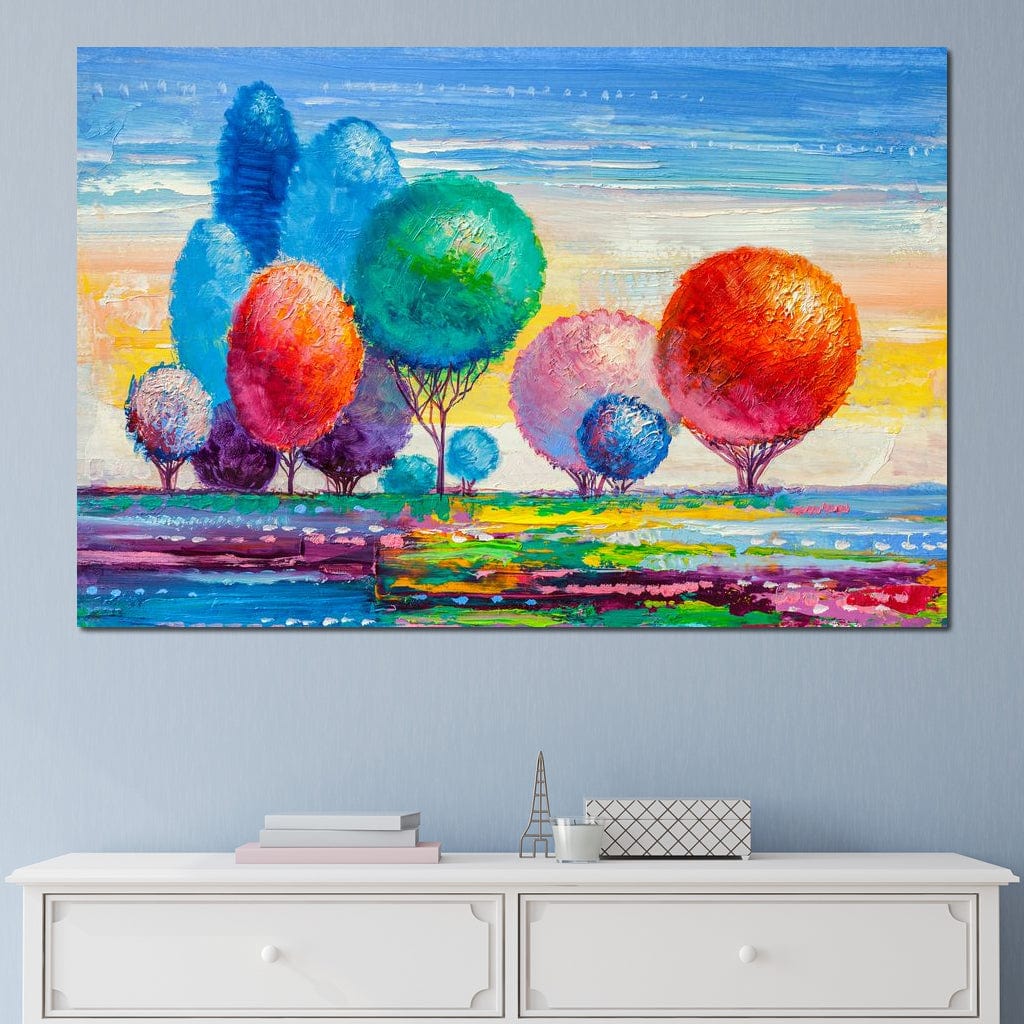 Tablou Canvas Premium, LuxCanva® K1018, Peisaj de Basm, Curcubeu, Padure, Copaci, Rotunzi, Balon, Natura, Explozie, Culoare, Taram, Simfonie, Imaginar, Ludic, Camera Copii