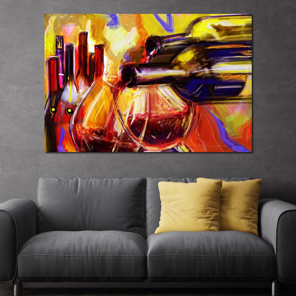 tablou canvas cu sticle de vin si pahare cu vin rosu, pictate multicolor in stil abstract 