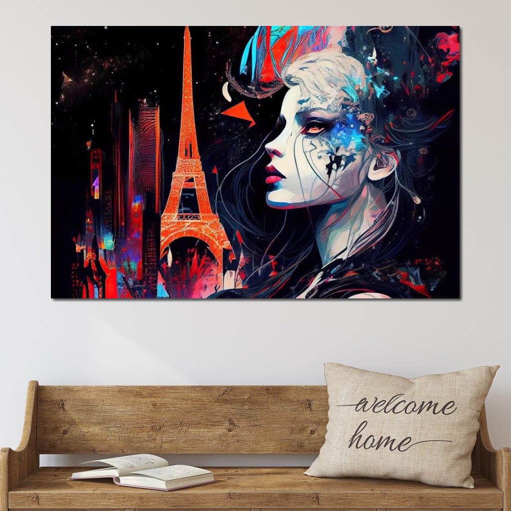 Tablou Canvas Premium, LuxCanva® O1055, Femeia Pariziana, Spirit, Paris, Eiffel, Rouge, Noapte, Femeie, Oras, Lumini, Franta, Arta, Etern, Urban, Romantic, Portret, Francez, Birou, Living, Dormitor