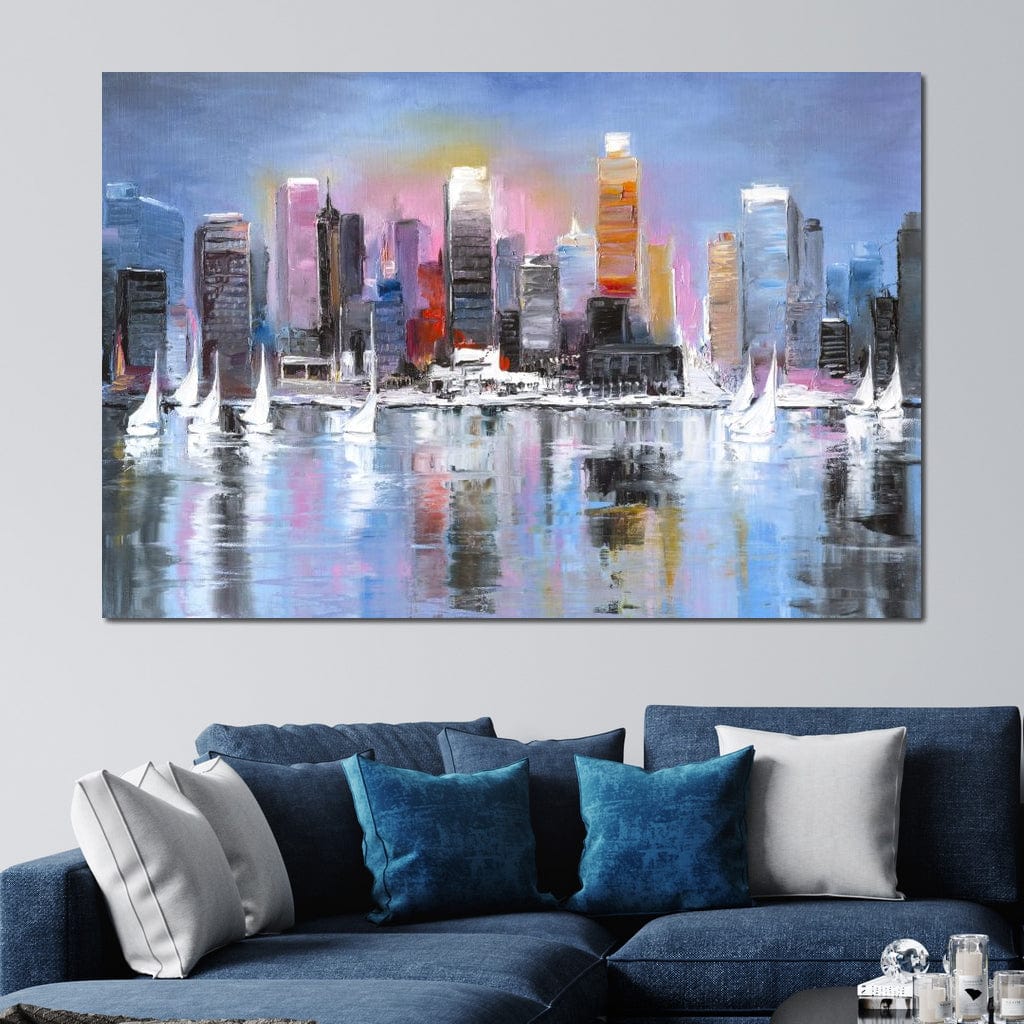 Tablou Canvas Premium, LuxCanva® O1024, Zborul Corabiilor, Pastelat, Senin, Liric, Fluid, Apus, Apa, Vele, Albastru, Roz, Inflacarat, Oglindire, Pictura, Tacere, Urban, Sticlos, Birou, Living, Dormitor