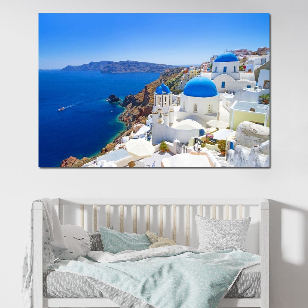 Tablou Canvas Premium, LuxCanva® O1033, Eternul Santorini, Egee, Nesfarsit, Albastru, Insula, Mare, Cer, Valuri, Vacanta, Turist, Relaxare, Dorinta, Familie, Libertate, Serenitate, Birou, Living, Dormitor