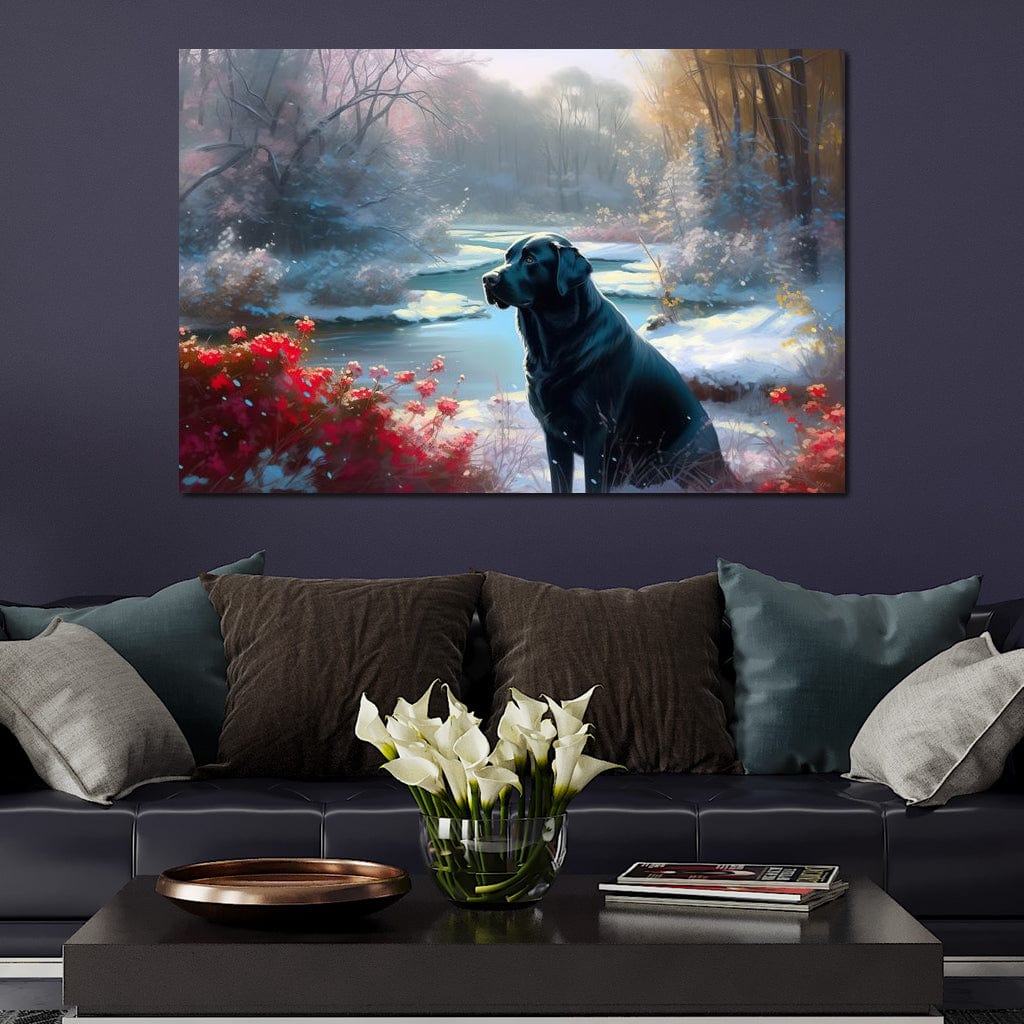 tablou canvas cu un labrador negru intr-un peisaj de iarna feeric si luminat, cu accente florale rosii langa un lac inghetat