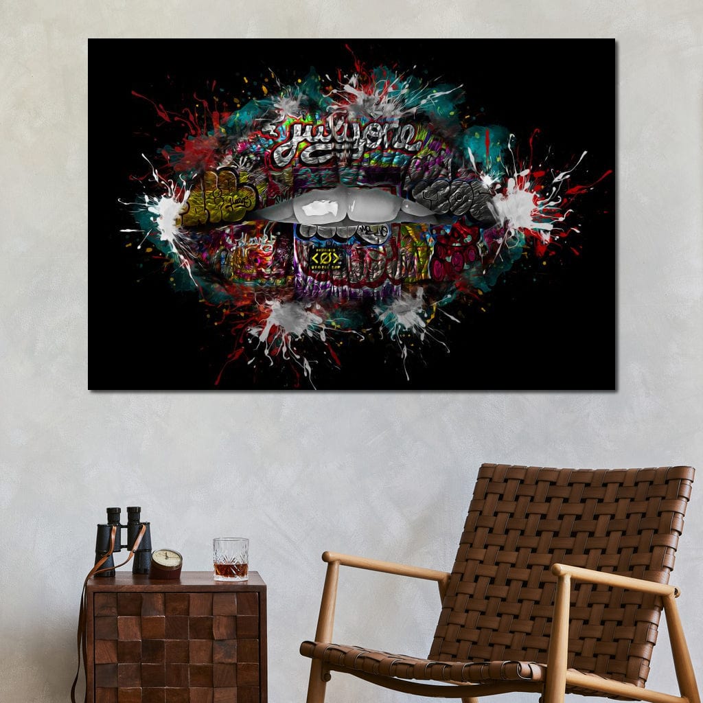 Tablou Canvas Premium LuxCanva® E1043, Sarut Romantic, Pop Art, Urban, Expresivitate, Pasiune, Buze, Alb, Living Room, Culori vibrante