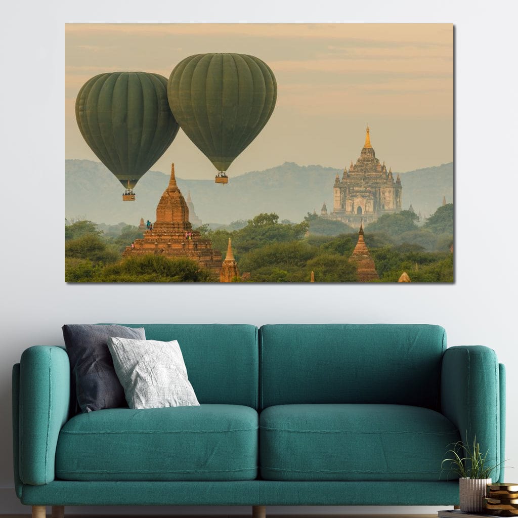 Tablou Canvas Premium, LuxCanva® O1040, Aventura in Myanmar, Zbor, Balon, Aur, Templu, Cer, Pamant, Magie, Asia, Calatorie, Rasarit, Libertate, Budism, Pagode, Liniste, Birou, Living, Dormitor