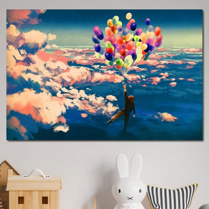 Tablou Canvas Premium, LuxCanva® K1021, Purtat de Curcubeu, Zbor, Nori, Inaltare, Culori, Baloane, Zburatoare, Magic, Fericire, Curaj, Aventura, Dorinte, Armonie, Fericire, Camera Copii