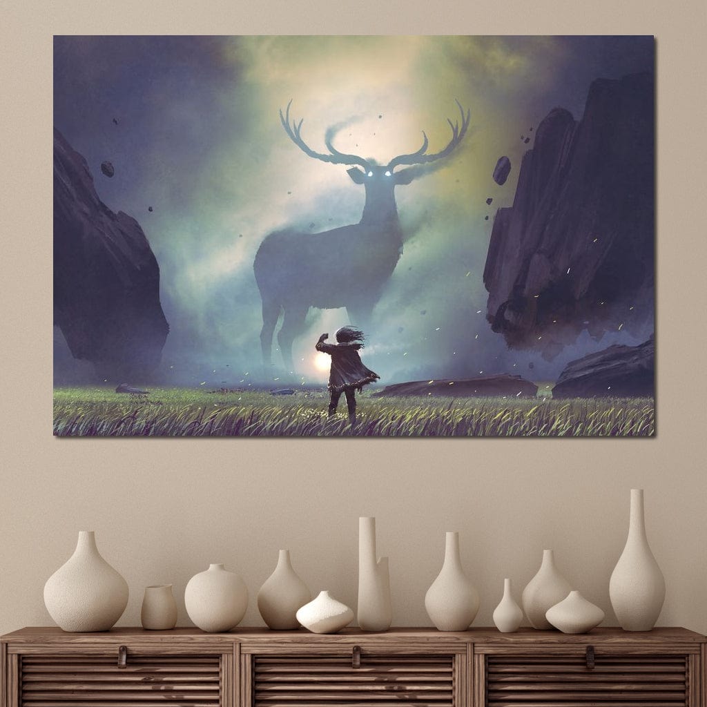 tablou canvas cu o silueta de copil in fata unui cerb urias, intr-un peisaj mistic cu stanci plutitoare